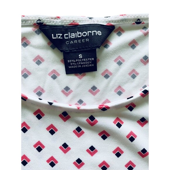 LIZ CLAIBORNE CAREER Women’s Blouse White Side Tie Diamond Print Top Size Small - Picture 3 of 10